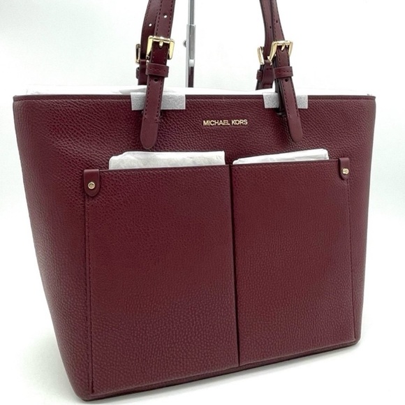 Michael Kors Jet Set Medium Pocket Tote Bag Ruby Red Leather - Picture 2 of 11